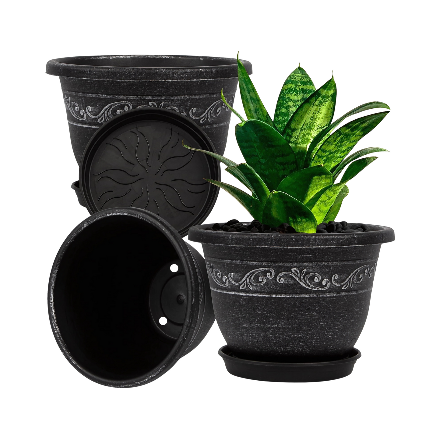 Black Plastic Planters with Drainage Saucer for Indoor Outdoor Plants