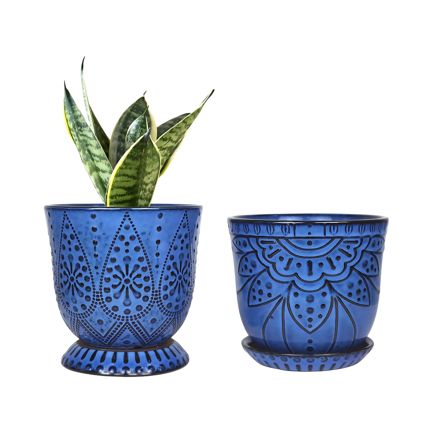 Blue Ceramic Planter Pots Indoor Outdoor Flower Pots with Saucers