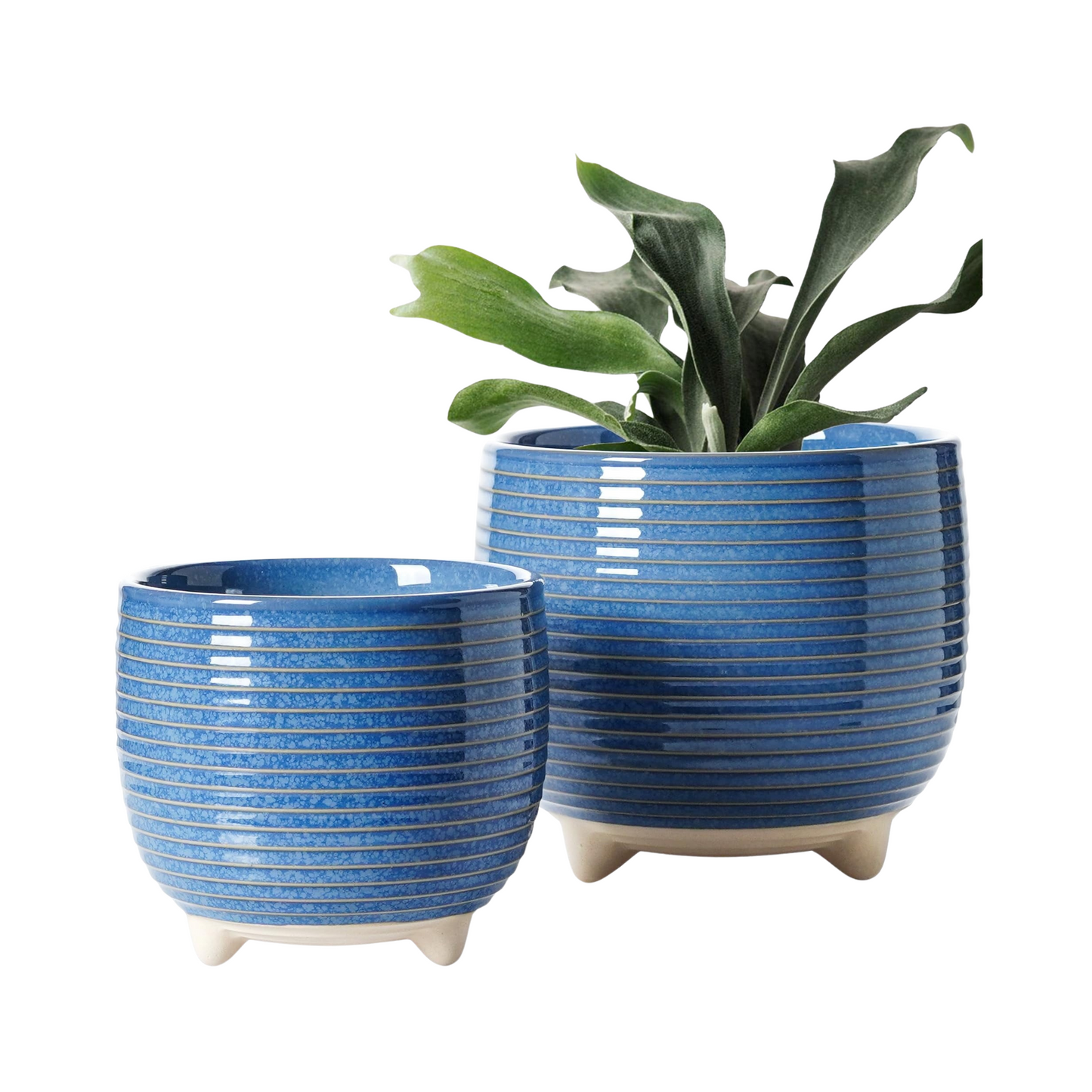 Ceramic Flower Pots Set Reactive Glaze Blue Planter with Drainage