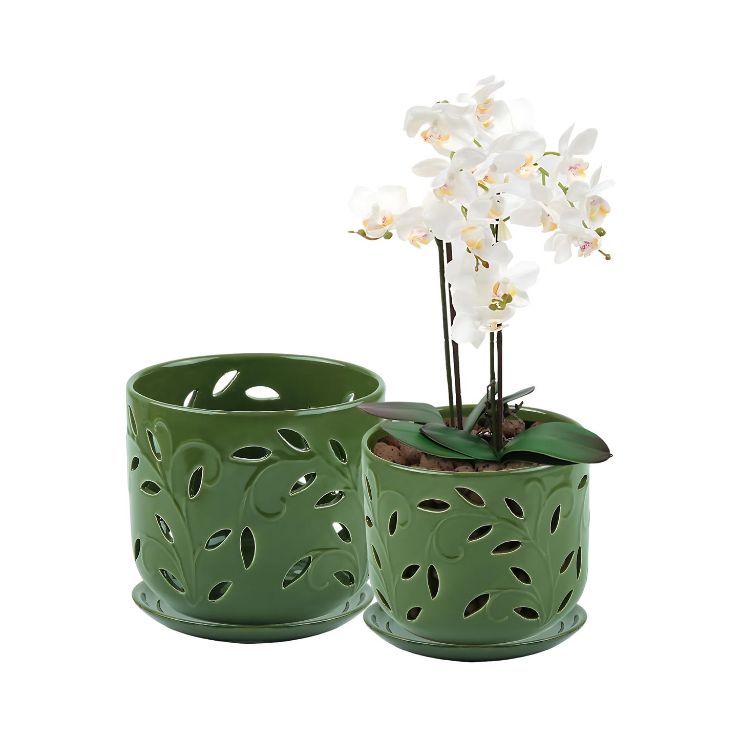 Green Ceramic Orchid Pots Indoor Outdoor Planters with Drainage Holes