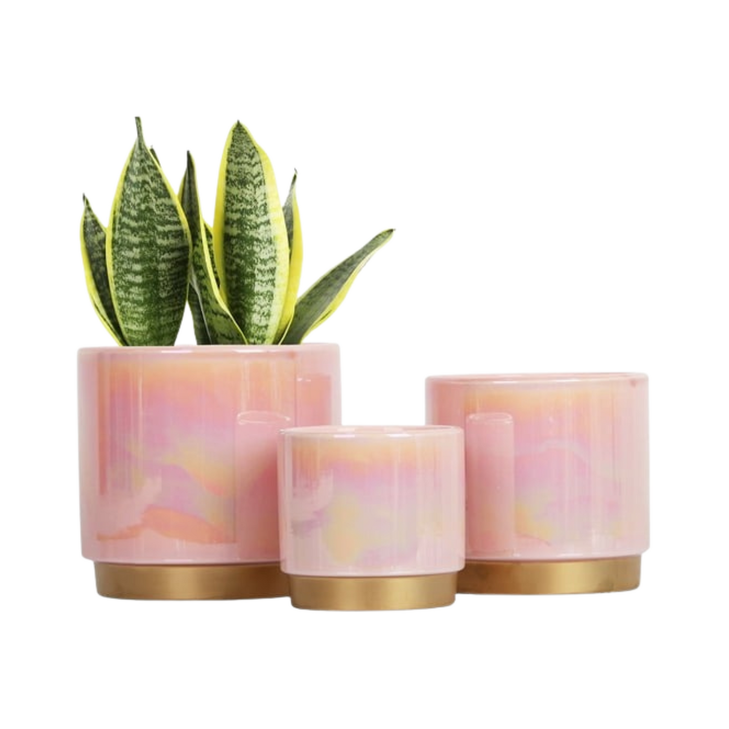 Pink Ceramic Planter Set with Rainbow Glaze and Drainage