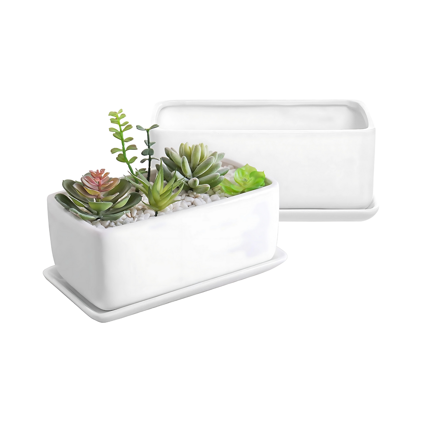 White Ceramic Rectangular Succulent Planter Indoor Modern Plant Pot Saucer
